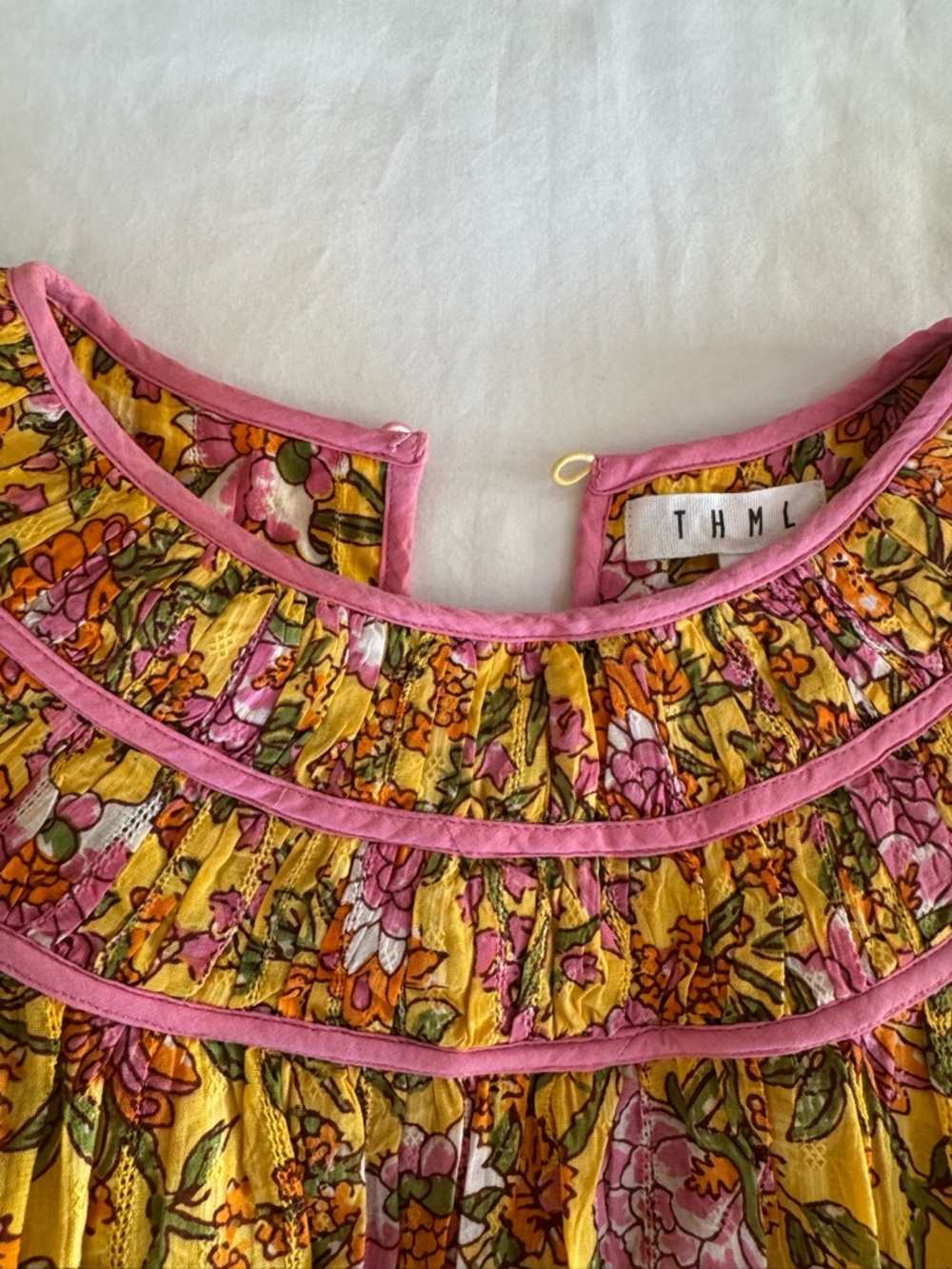 THML Floral Smocked Yoke Women’s Top in Yellow and Pink M - Picture 3 of 6